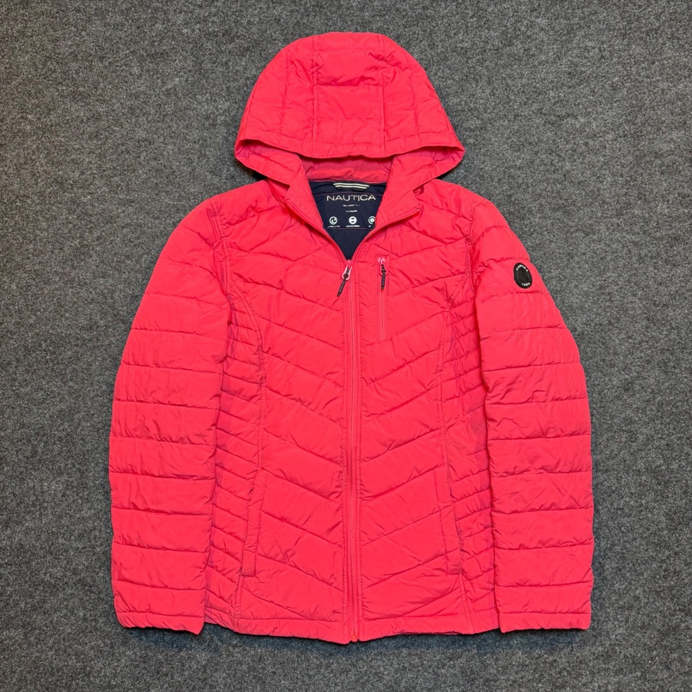 Nautica Womens Pink Hooded Puffer Jacket Water Resistant Packable Size L